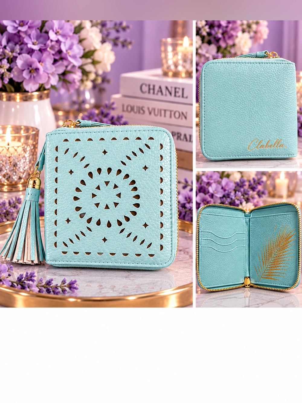 Cleobella Light Blue Laser-Cut Zip Wallet with Tassel